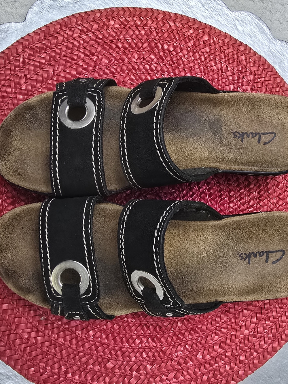 Clarks Black Suede Slide Sandals with Silver Eyelets